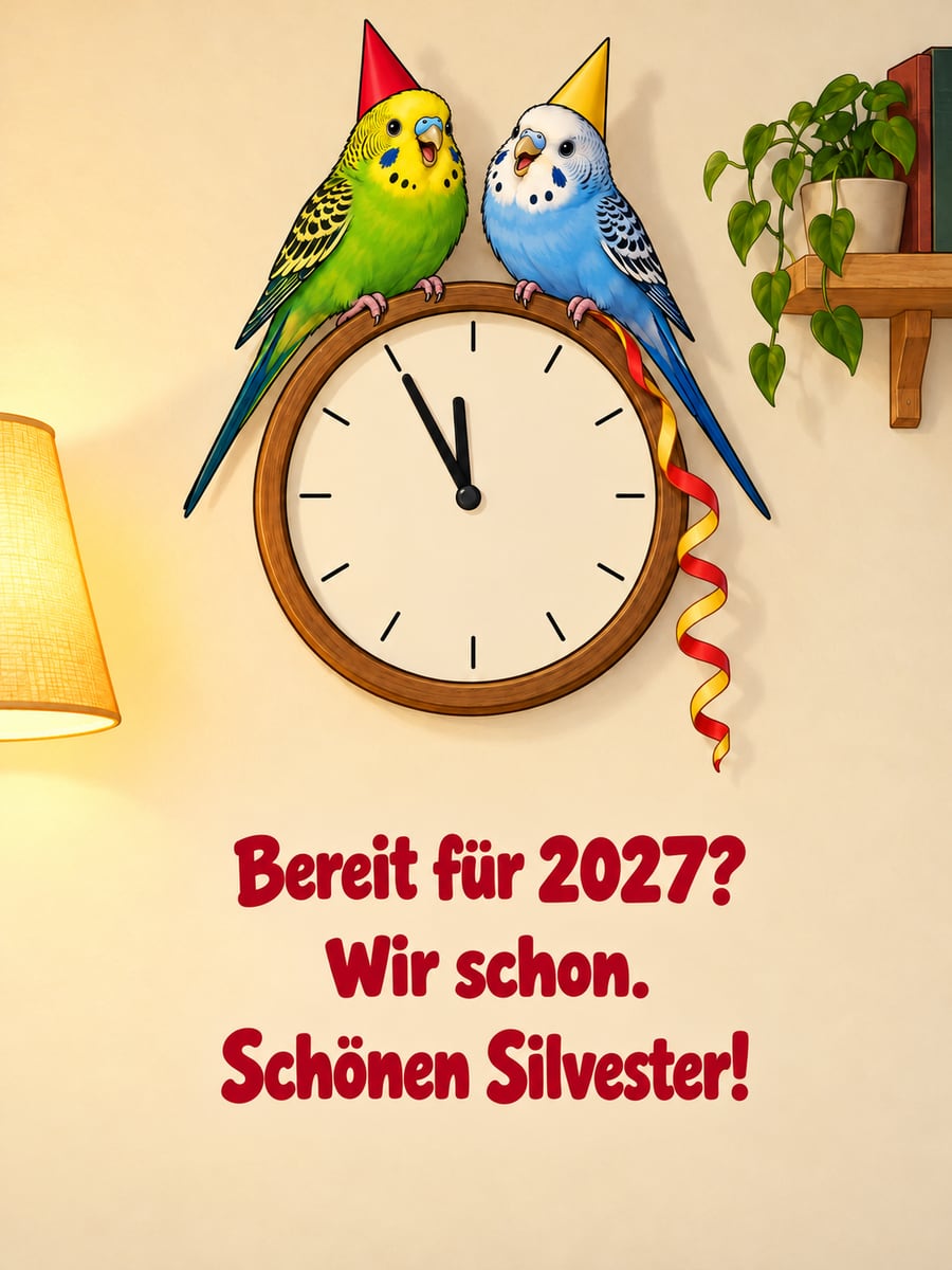 Bild zu Silvester mit dem Text „Bereit für 2027?“ und „Wir schon. Schönen Silvester!“ – Motiv: Wellensittiche, Wanduhr, Partyhüte, Luftschlange