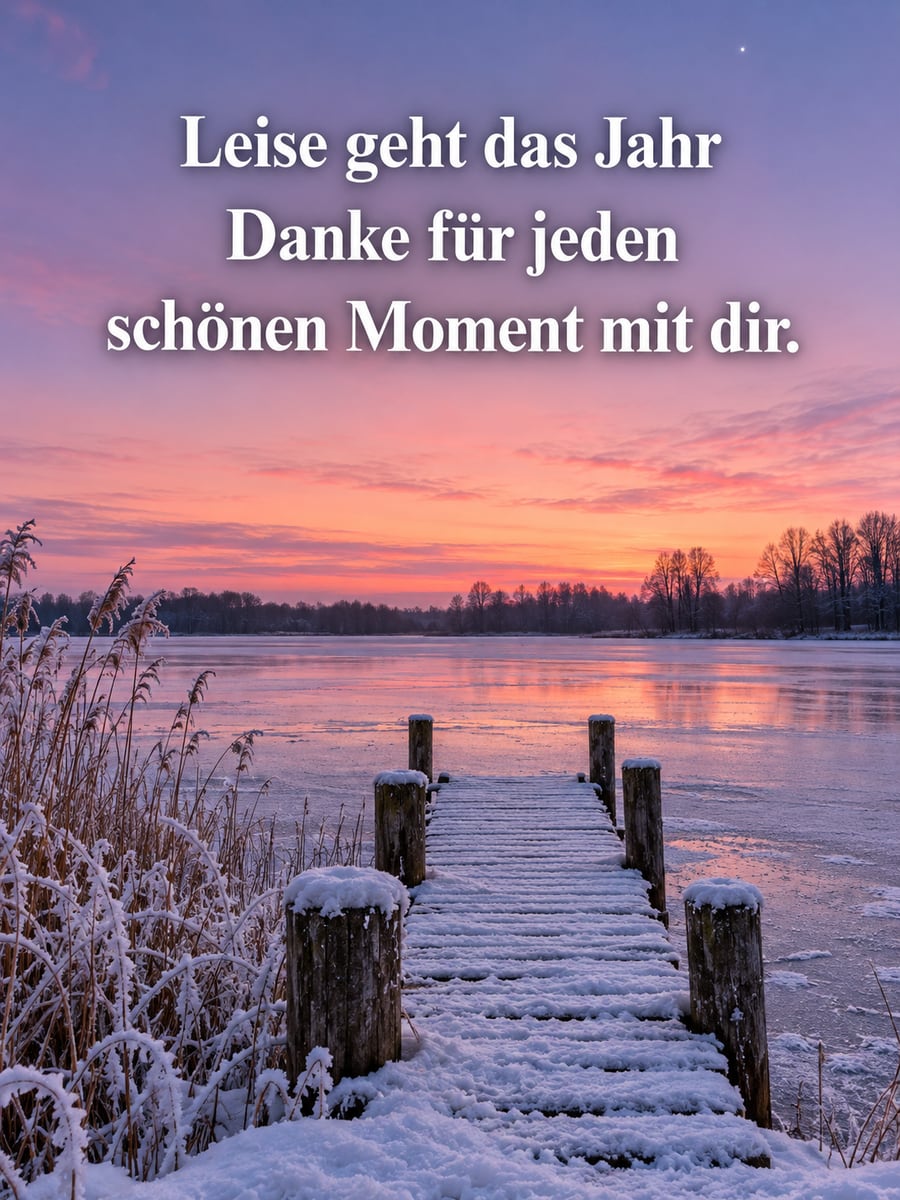 Bild zu Silvester mit dem Text „Leise geht das Jahr“ und „Danke für jeden schönen Moment mit dir.“ – Motiv: See, Steg, Schnee, Abendhimmel
