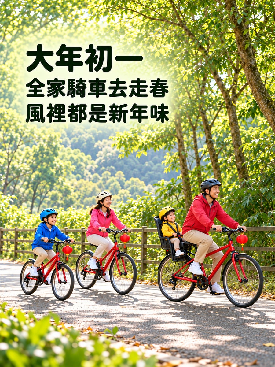 全家騎單車去走春。圖中文字：大年初一，全家騎車去走春，風裡都是新年味