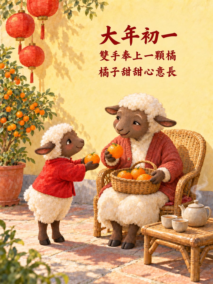 小羊和羊奶奶交換橘子。圖中文字：大年初一，雙手奉上一顆橘，橘子甜甜心意長