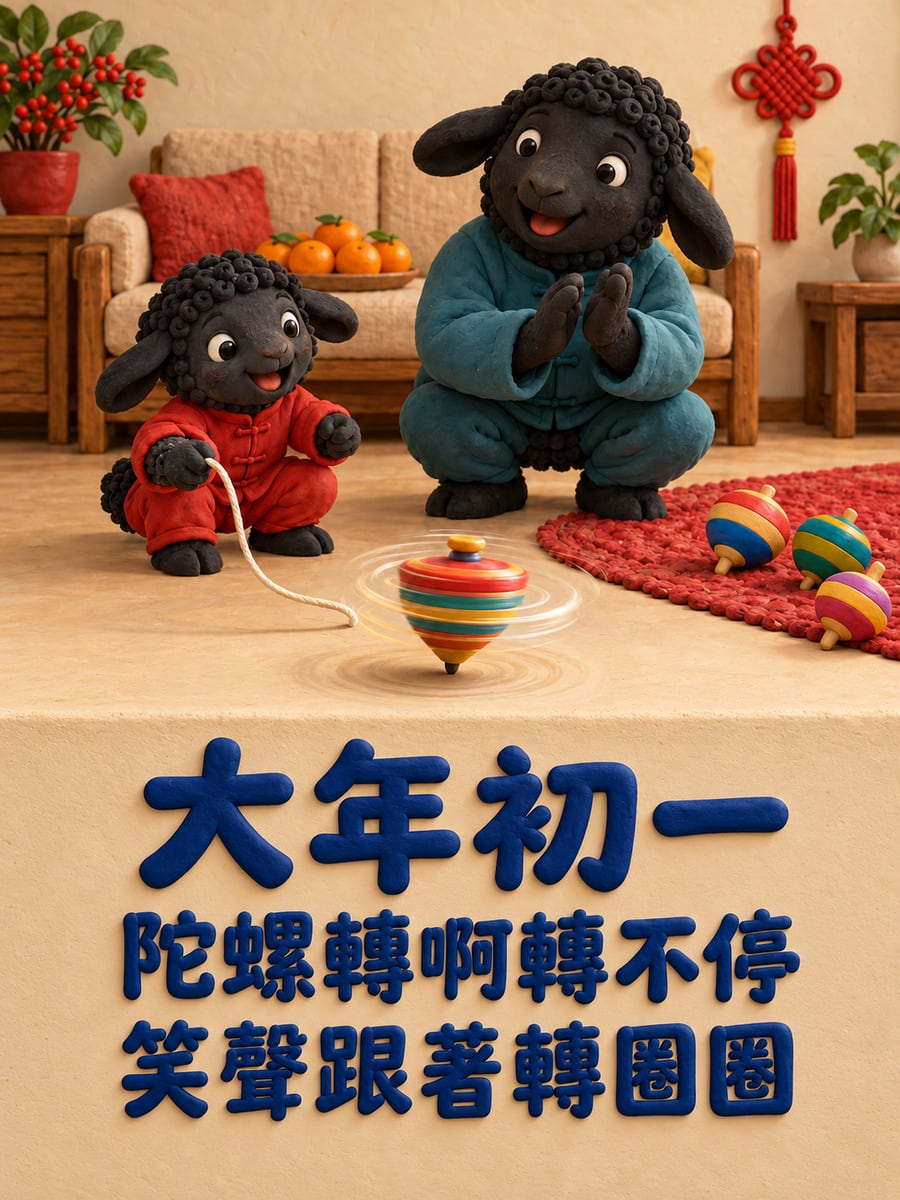 小羊和爸爸一起打陀螺。圖中文字：大年初一，陀螺轉啊轉不停，笑聲跟著轉圈圈