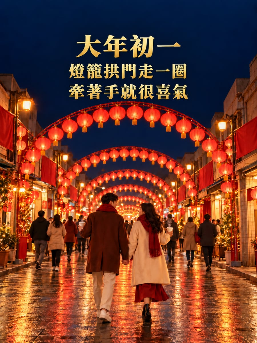 燈籠拱門下牽著手。圖中文字：大年初一，燈籠拱門走一圈，牽著手就很喜氣