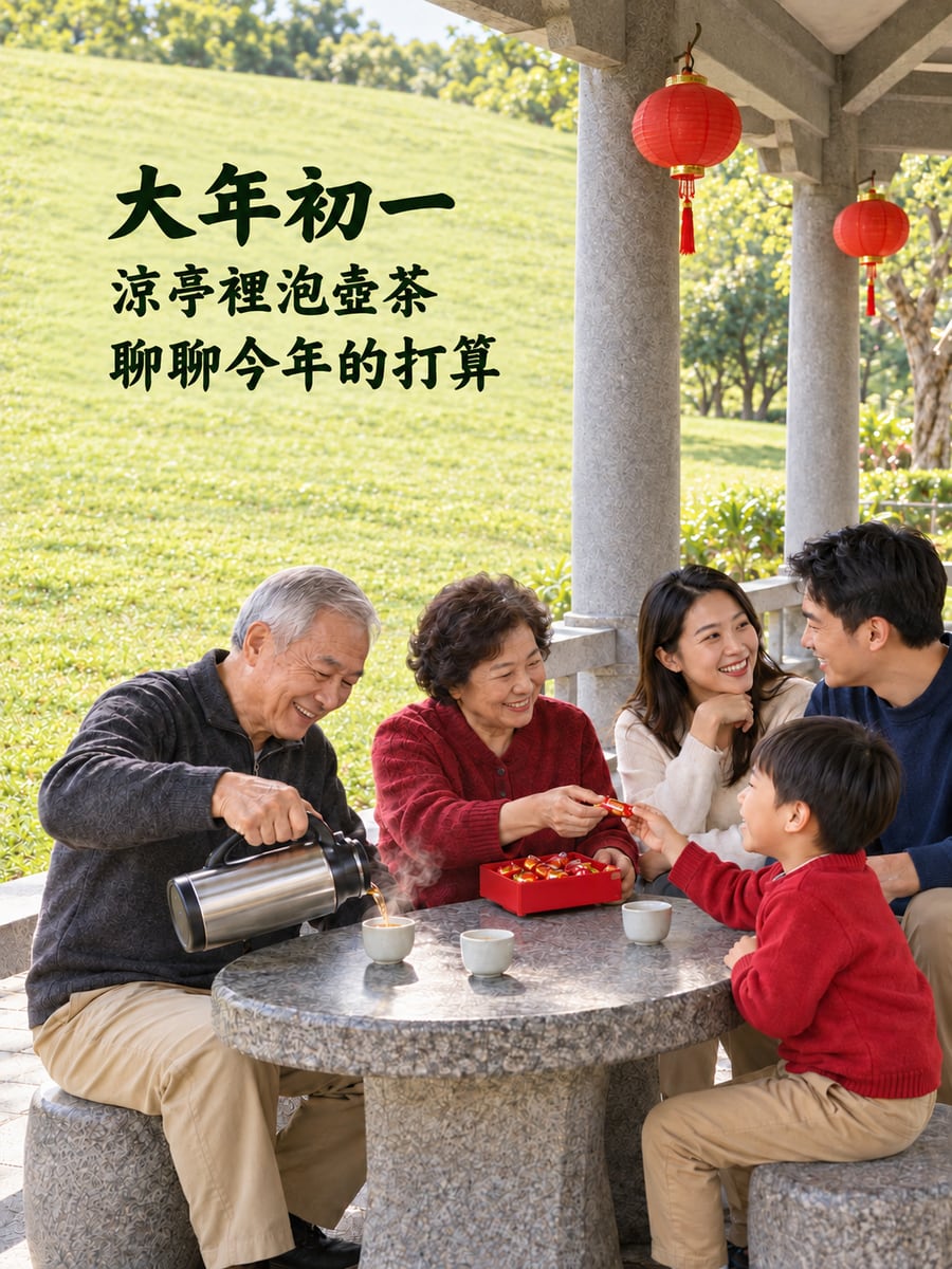 涼亭裡全家泡壺茶。圖中文字：大年初一，涼亭裡泡壺茶，聊聊今年的打算