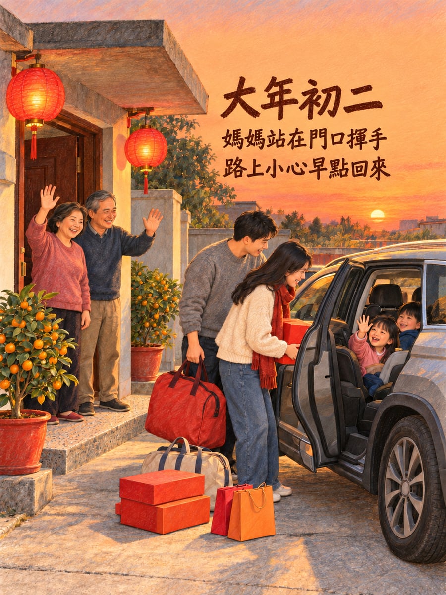 媽媽站在門口揮手。圖中文字：大年初二，媽媽站在門口揮手，路上小心早點回來