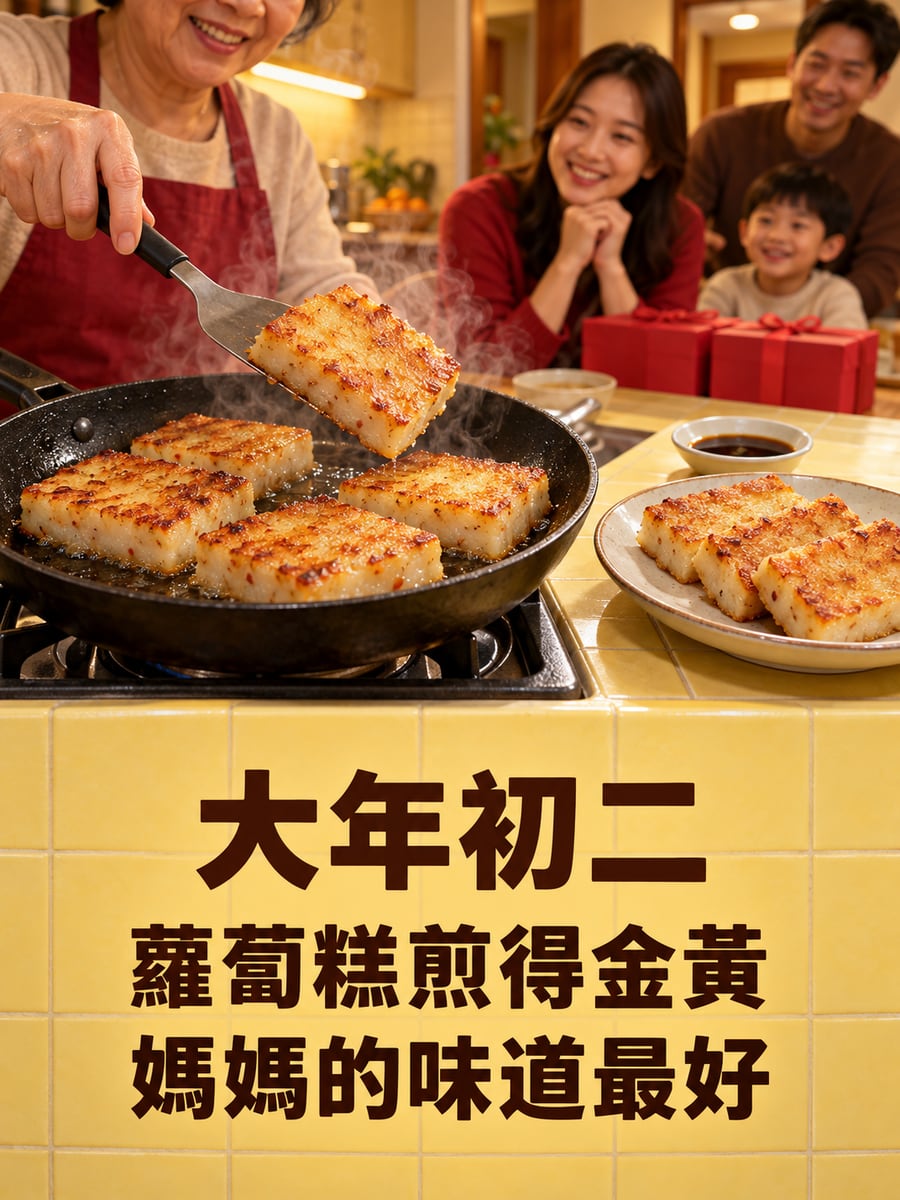 平底鍋煎得金黃的蘿蔔糕。圖中文字：大年初二，蘿蔔糕煎得金黃，媽媽的味道最好