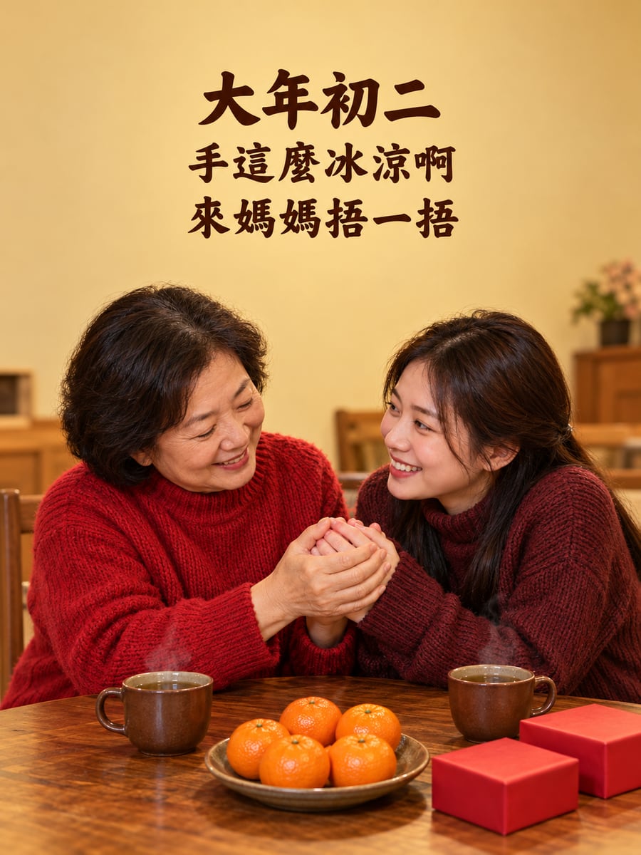 媽媽握著女兒冰涼的手。圖中文字：大年初二，手這麼冰涼啊，來媽媽捂一捂