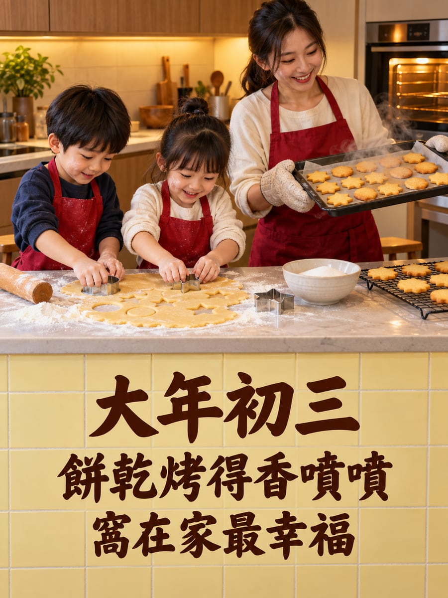 孩子們在廚房烤餅乾。圖中文字：大年初三，餅乾烤得香噴噴，窩在家最幸福