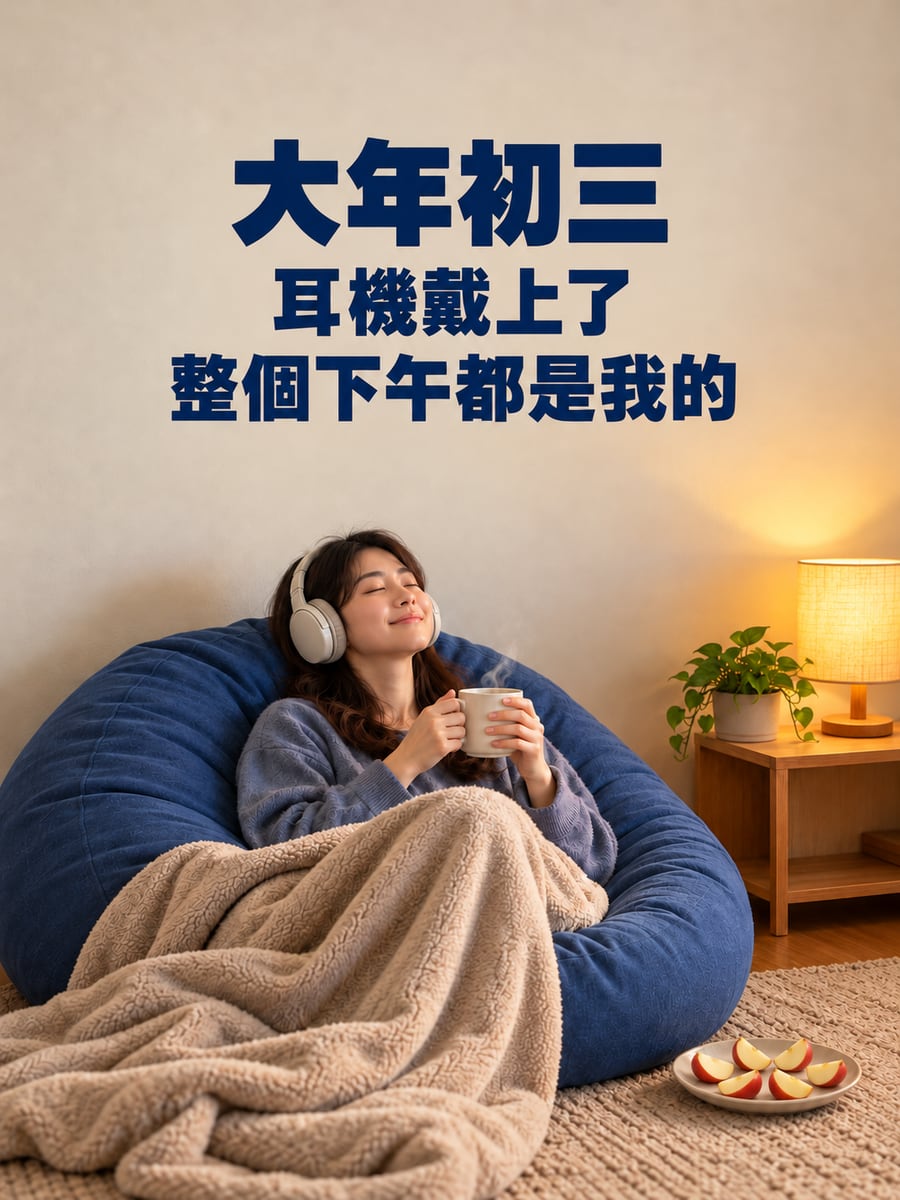 懶骨頭上戴著耳機的下午。圖中文字：大年初三，耳機戴上了，整個下午都是我的