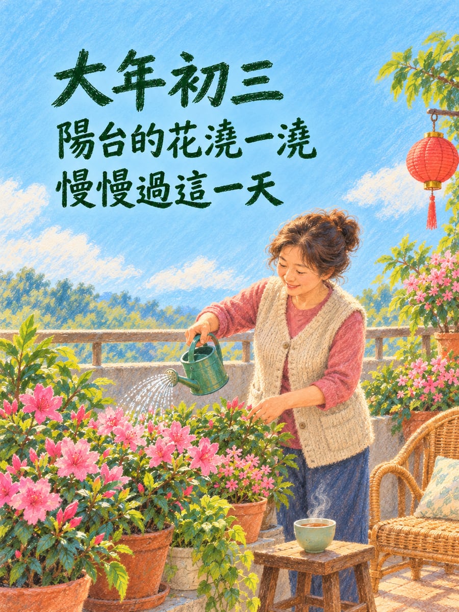 陽台慢慢澆花的午後。圖中文字：大年初三，陽台的花澆一澆，慢慢過這一天