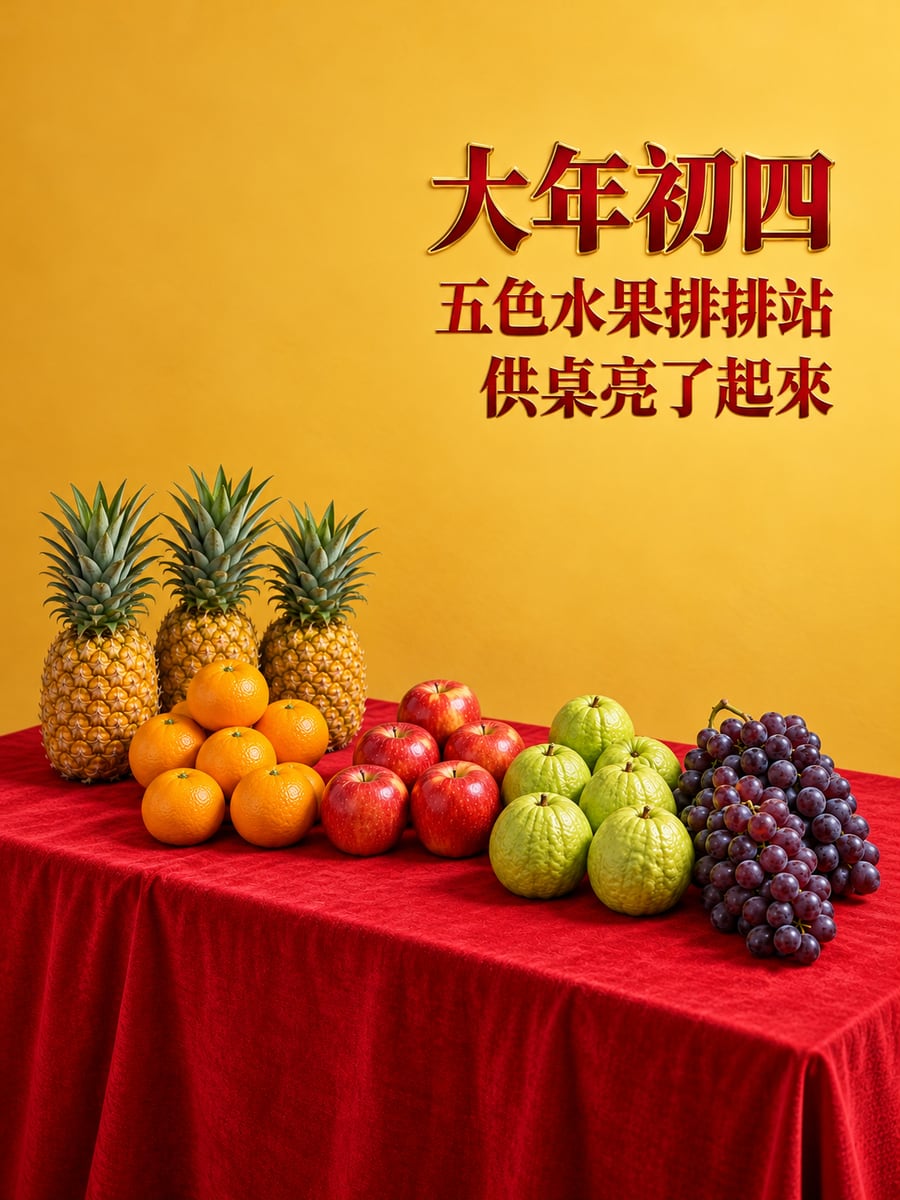 紅布上的五色水果。圖中文字：大年初四，五色水果排排站，供桌亮了起來