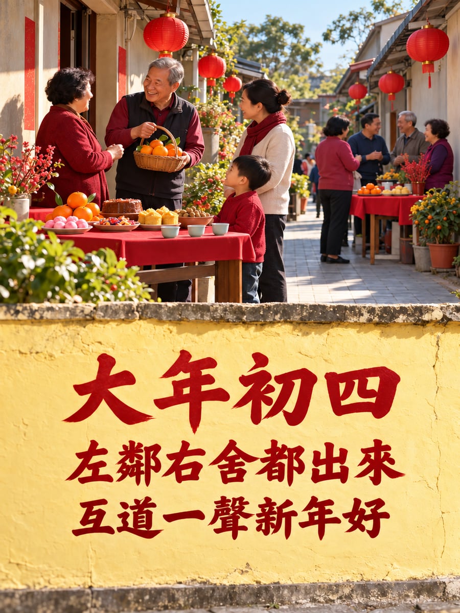 巷口鄰居們一起擺供桌。圖中文字：大年初四，左鄰右舍都出來，互道一聲新年好
