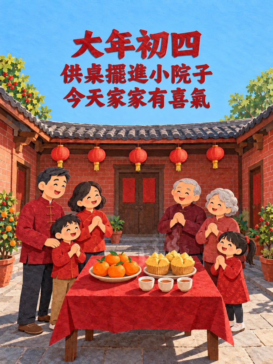 小院子裡的紙雕供桌。圖中文字：大年初四，供桌擺進小院子，今天家家有喜氣