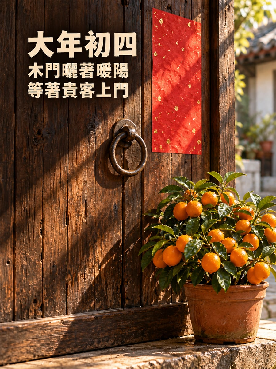 曬著暖陽的老木門。圖中文字：大年初四，木門曬著暖陽，等著貴客上門