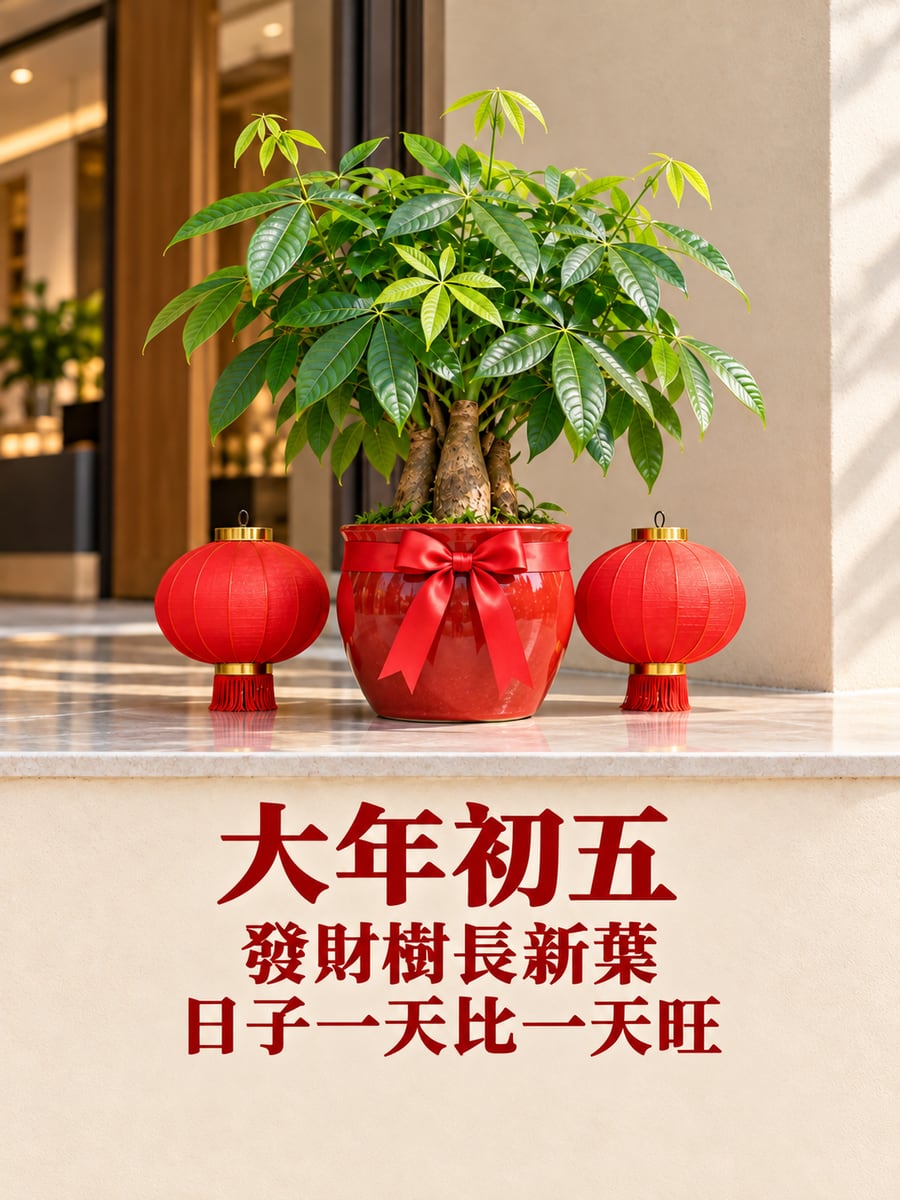 店門口紅盆裡的發財樹。圖中文字：大年初五，發財樹長新葉，日子一天比一天旺