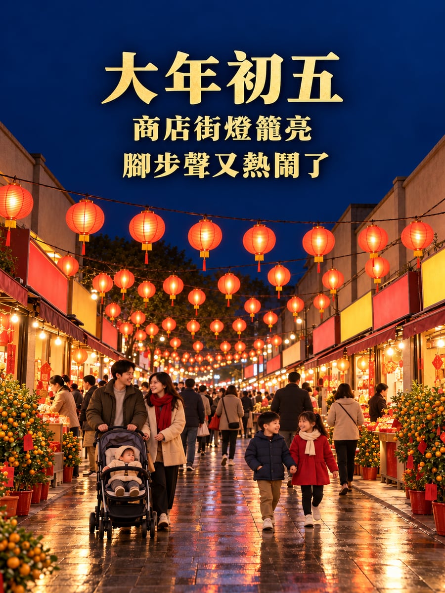 商店街燈籠全亮。圖中文字：大年初五，商店街燈籠亮，腳步聲又熱鬧了