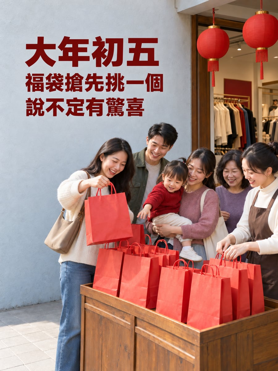 店門口排隊挑福袋。圖中文字：大年初五，福袋搶先挑一個，說不定有驚喜