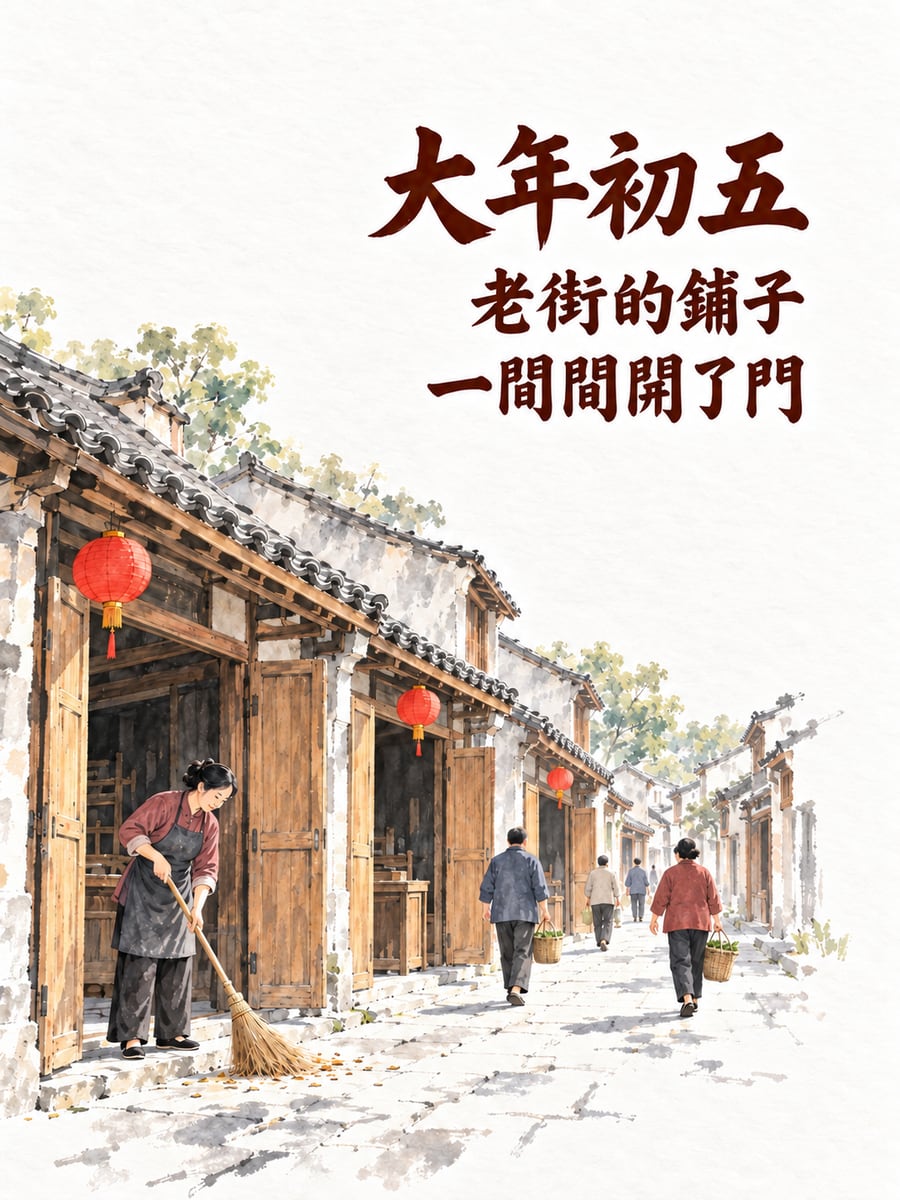 水墨老街一間間開了門。圖中文字：大年初五，老街的鋪子，一間間開了門