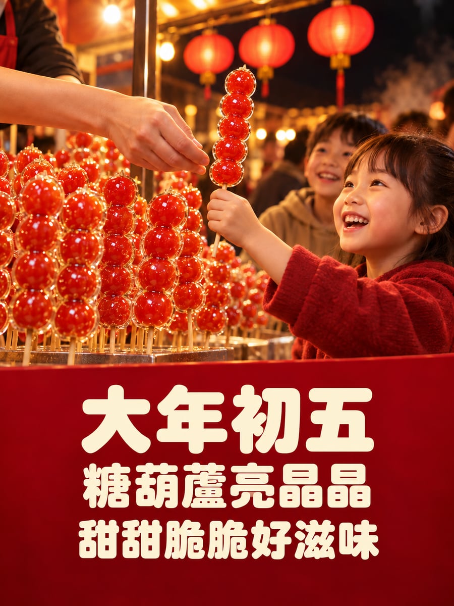 亮晶晶的蕃茄糖葫蘆。圖中文字：大年初五，糖葫蘆亮晶晶，甜甜脆脆好滋味