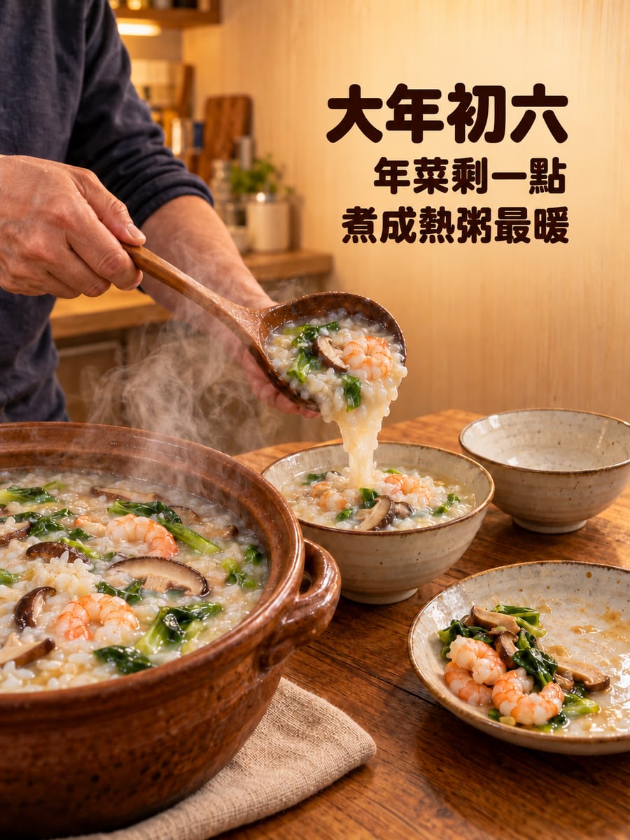 年菜剩菜煮成熱粥。圖中文字：大年初六，年菜剩一點，煮成熱粥最暖