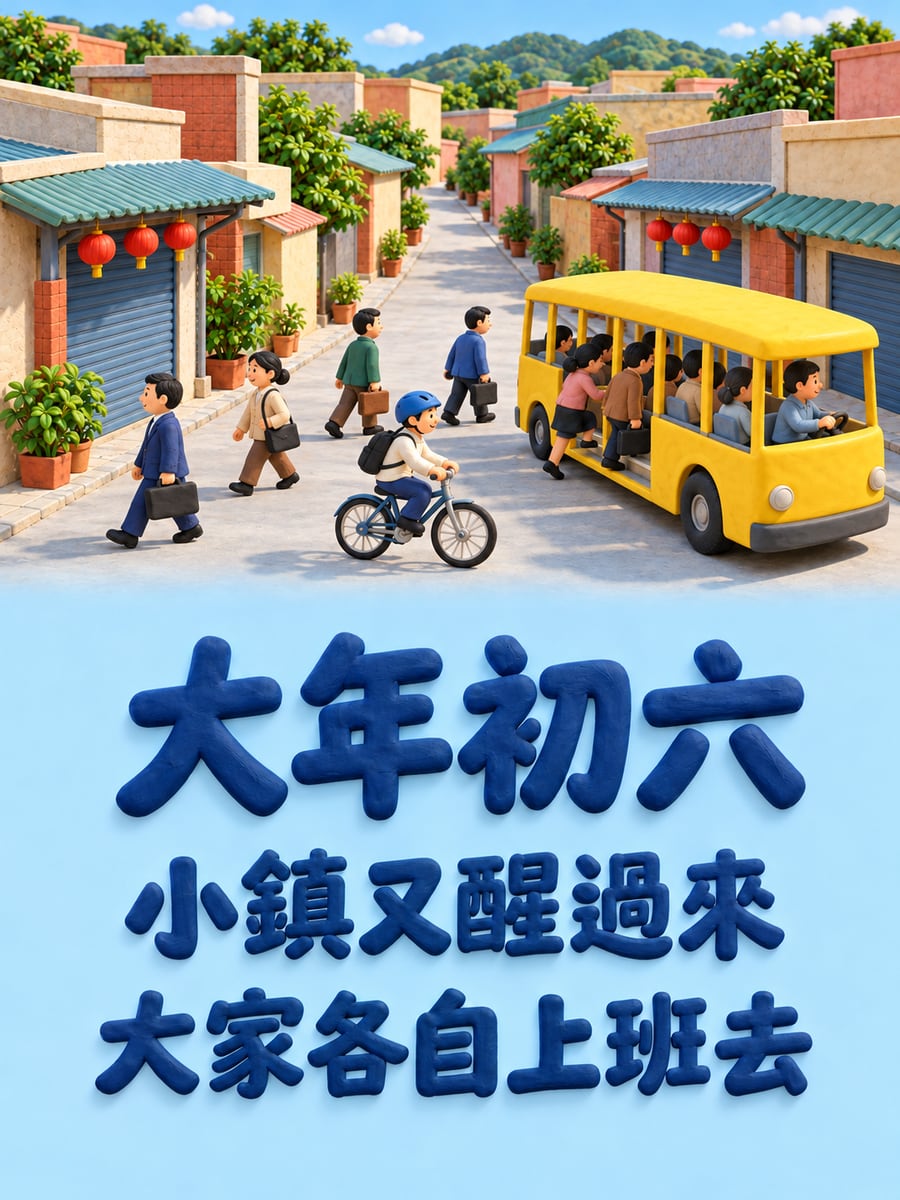 黏土小鎮上班去。圖中文字：大年初六，小鎮又醒過來，大家各自上班去