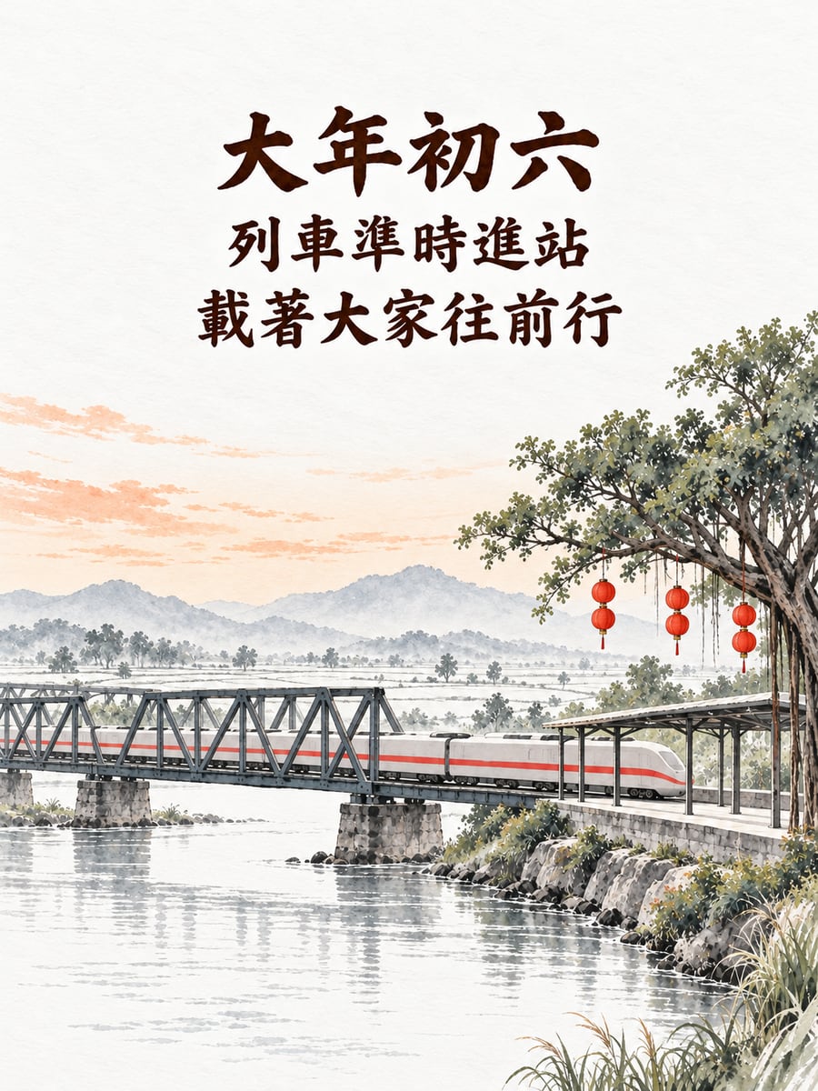 水墨裡駛過橋的列車。圖中文字：大年初六，列車準時進站，載著大家往前行