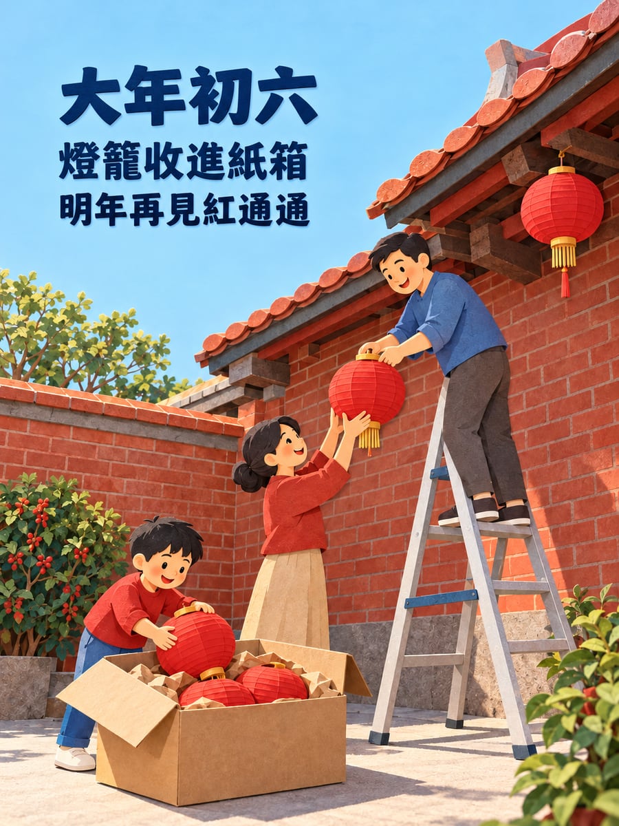把燈籠收進紙箱。圖中文字：大年初六，燈籠收進紙箱，明年再見紅通通