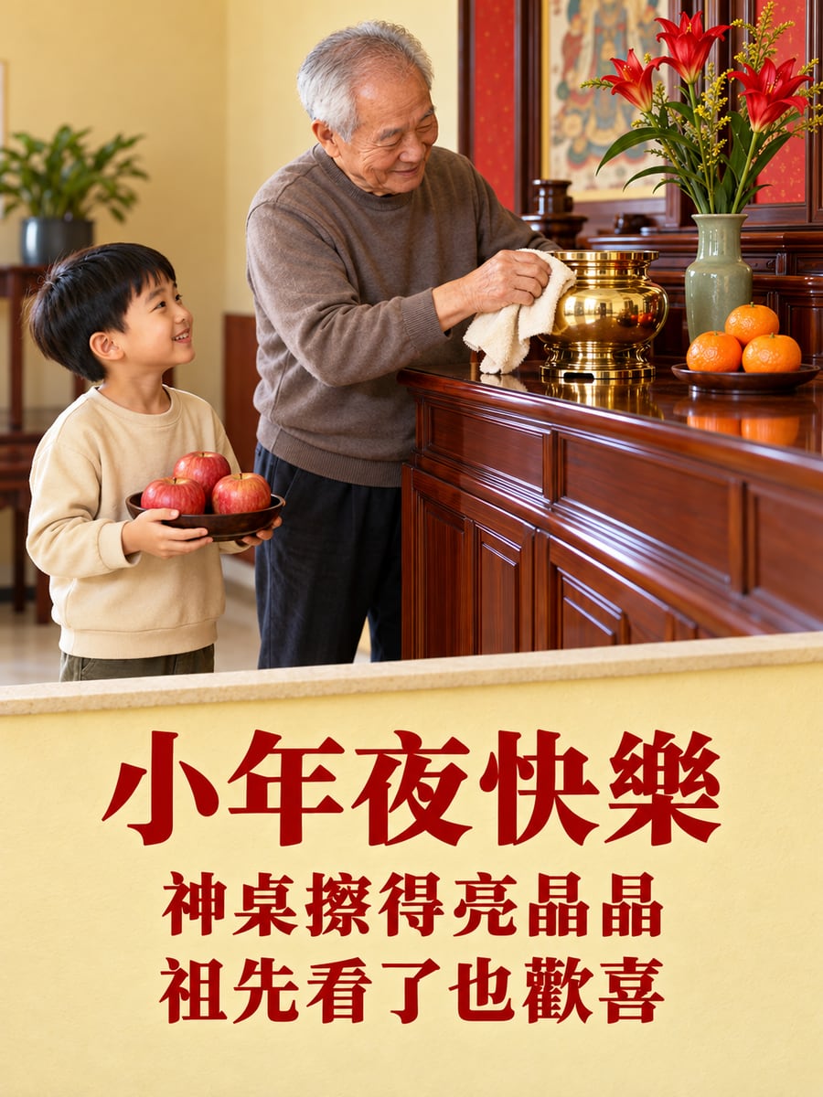 擦亮神桌上的香爐。圖中文字：小年夜快樂，神桌擦得亮晶晶，祖先看了也歡喜