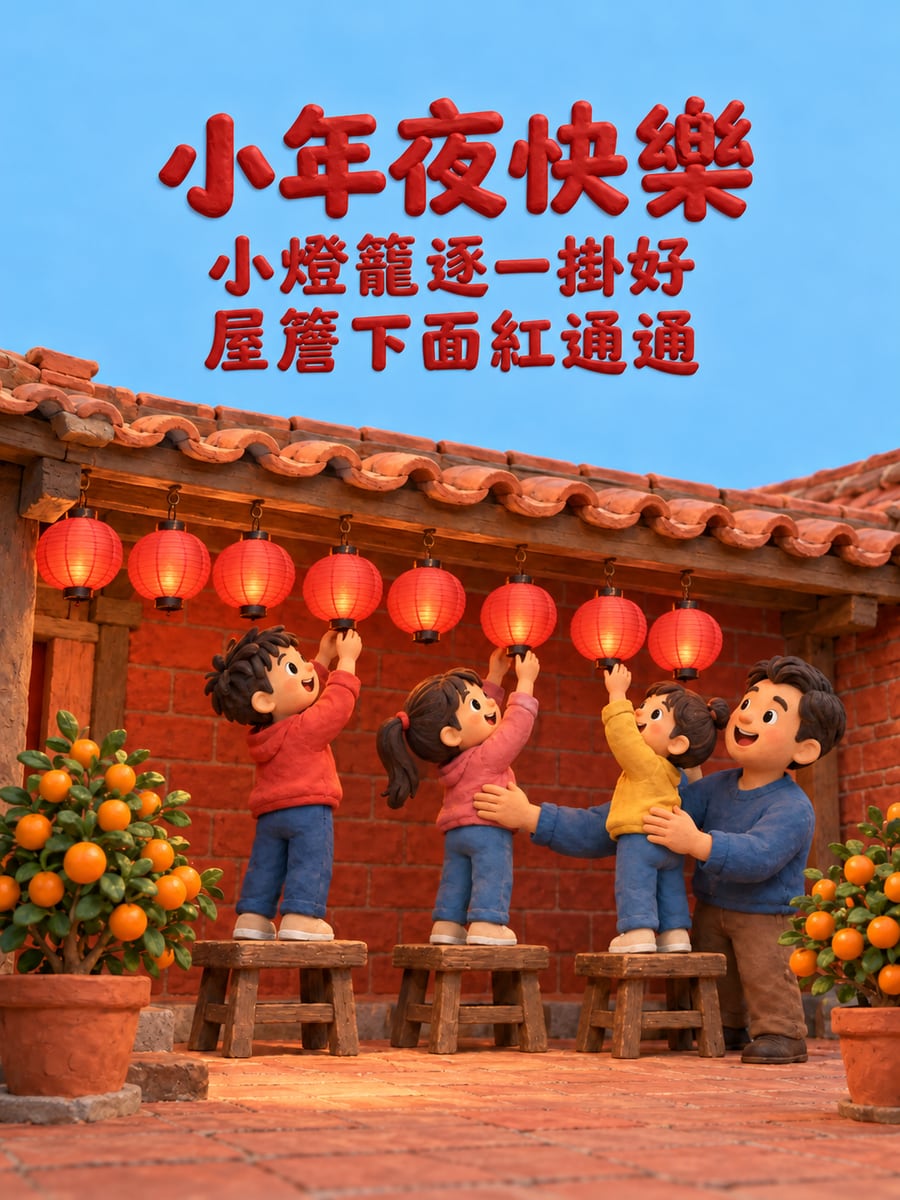 孩子們掛上紙燈籠。圖中文字：小年夜快樂，小燈籠逐一掛好，屋簷下面紅通通