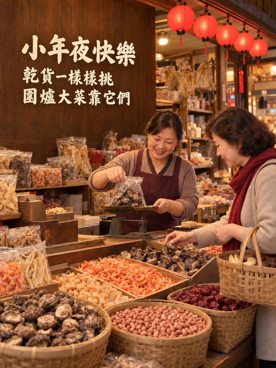 乾貨攤挑香菇與蝦米。圖中文字：小年夜快樂，乾貨一樣樣挑，圍爐大菜靠它們