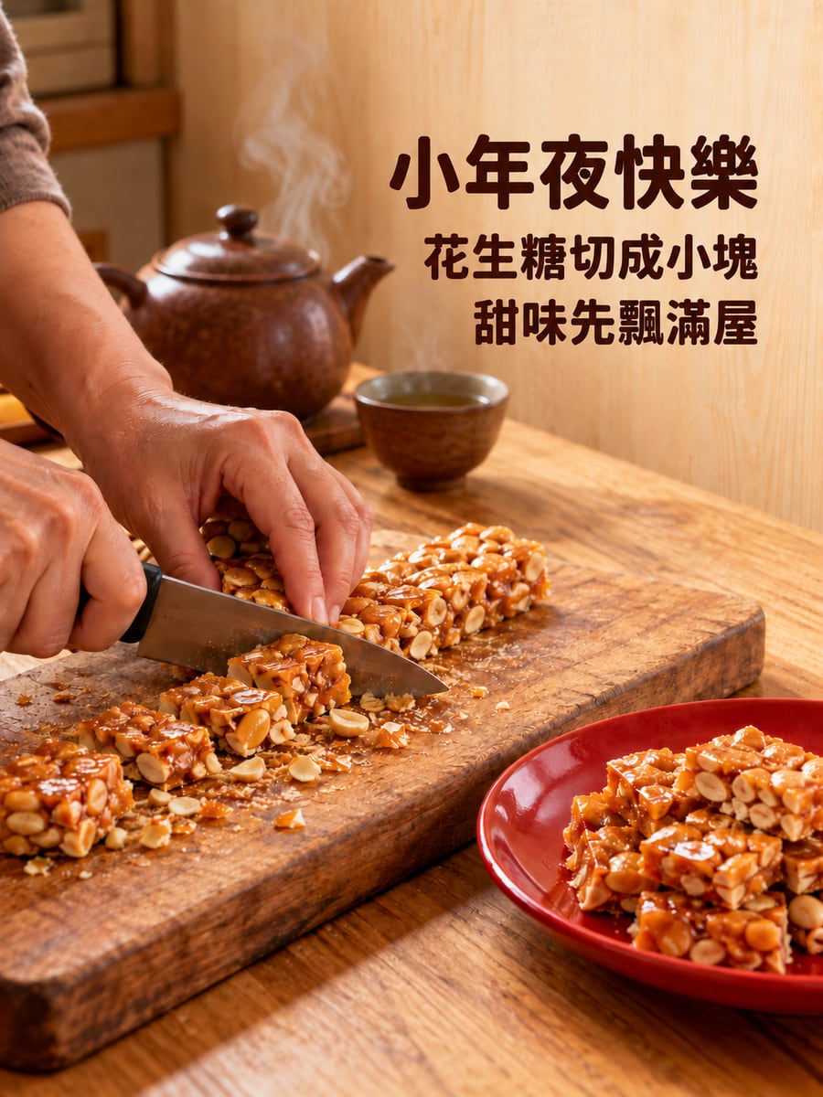 切成小塊的花生糖。圖中文字：小年夜快樂，花生糖切成小塊，甜味先飄滿屋