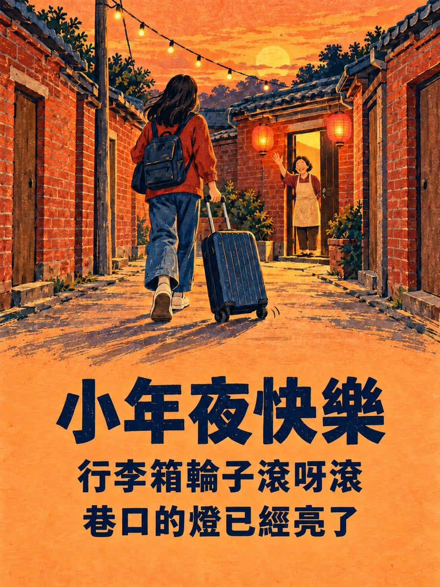 紅磚巷口拖行李的身影。圖中文字：小年夜快樂，行李箱輪子滾呀滾，巷口的燈已經亮了