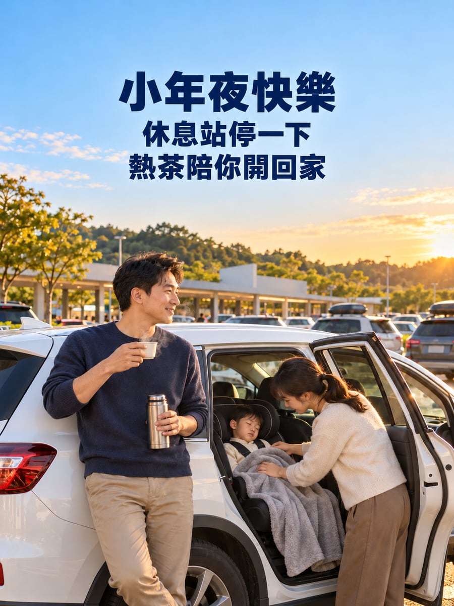休息站倒一杯熱茶。圖中文字：小年夜快樂，休息站停一下，熱茶陪你開回家