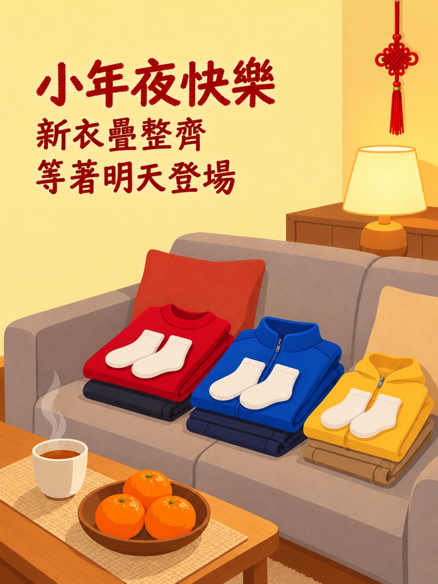 摺得整齊的新衣服。圖中文字：小年夜快樂，新衣疊整齊，等著明天登場