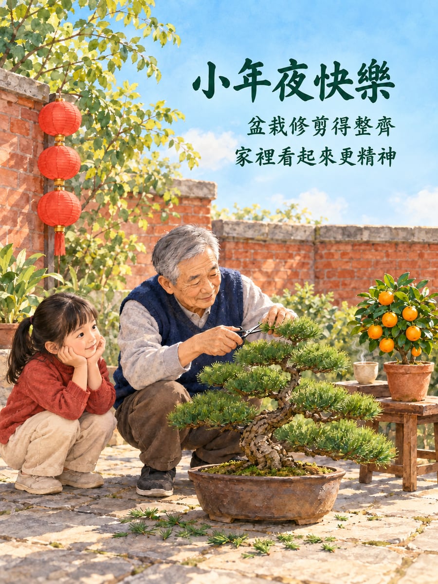 阿公修剪松樹盆栽。圖中文字：小年夜快樂，盆栽修剪得整齊，家裡看起來更精神