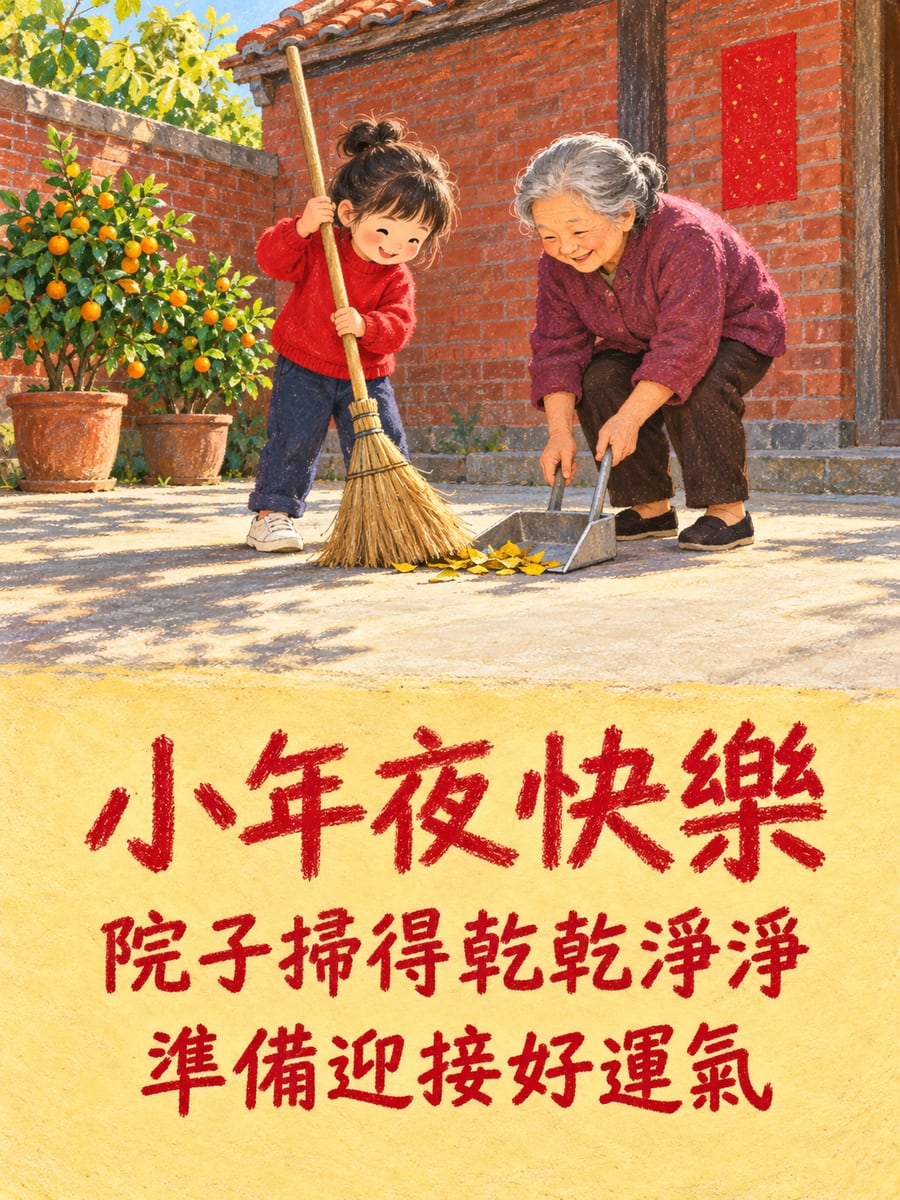 孩子拿畚箕掃院子。圖中文字：小年夜快樂，院子掃得乾乾淨淨，準備迎接好運氣