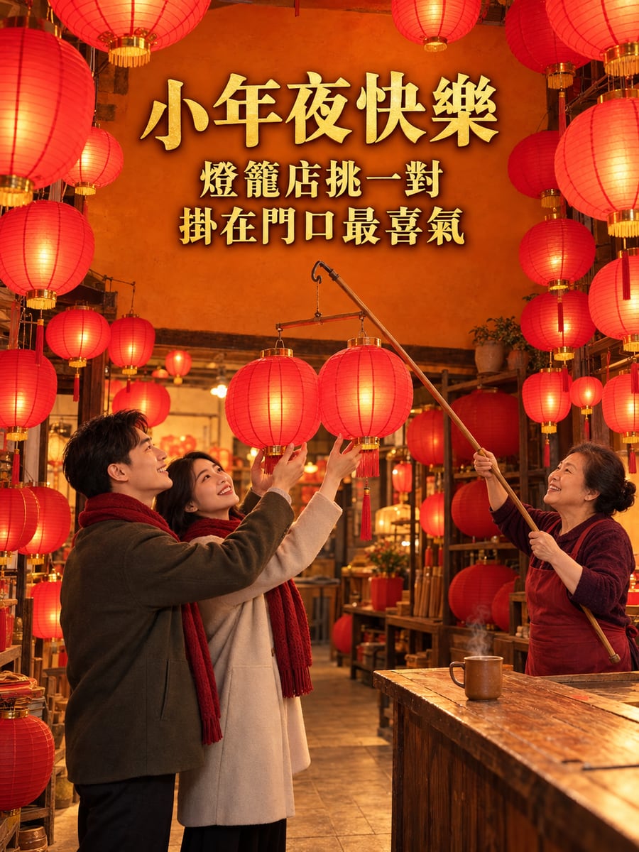 燈籠店裡挑一對。圖中文字：小年夜快樂，燈籠店挑一對，掛在門口最喜氣
