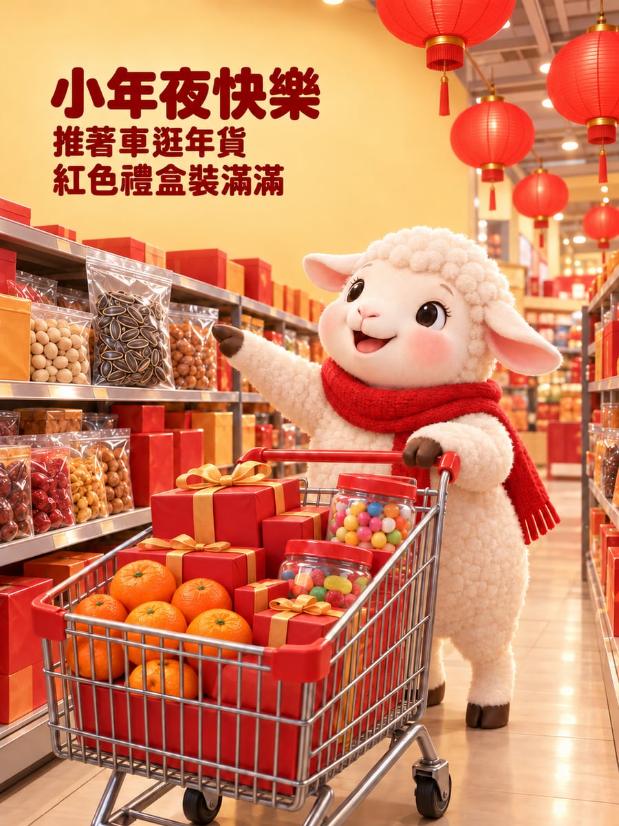 羊媽媽推車逛年貨賣場。圖中文字：小年夜快樂，推著車逛年貨，紅色禮盒裝滿滿