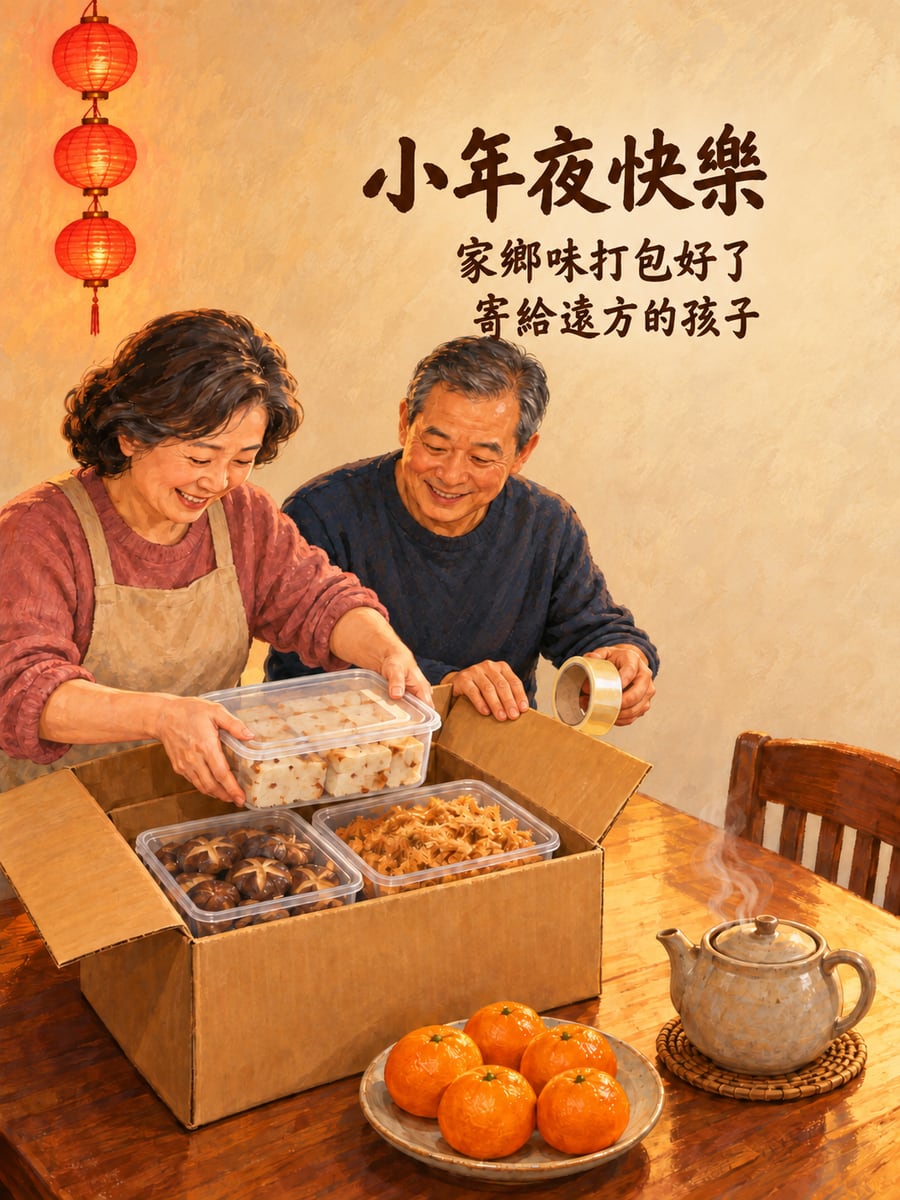 媽媽把家鄉味打包寄出。圖中文字：小年夜快樂，家鄉味打包好了，寄給遠方的孩子