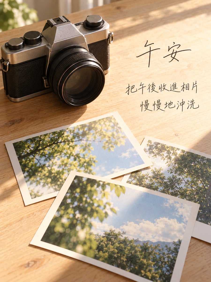 底片相機與相片。圖中文字：午安，把午後收進相片，慢慢地沖洗