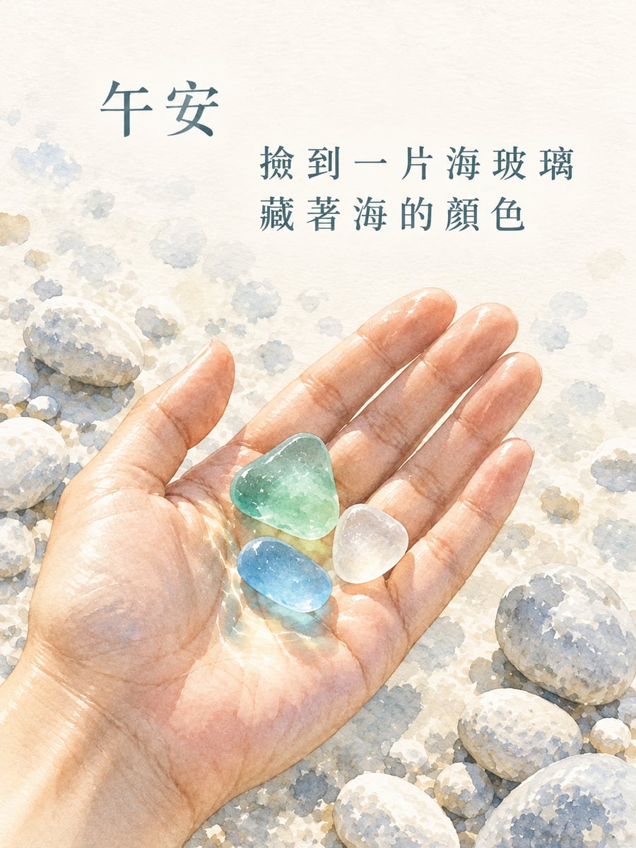 掌心的海玻璃。圖中文字：午安，撿到一片海玻璃，藏著海的顏色