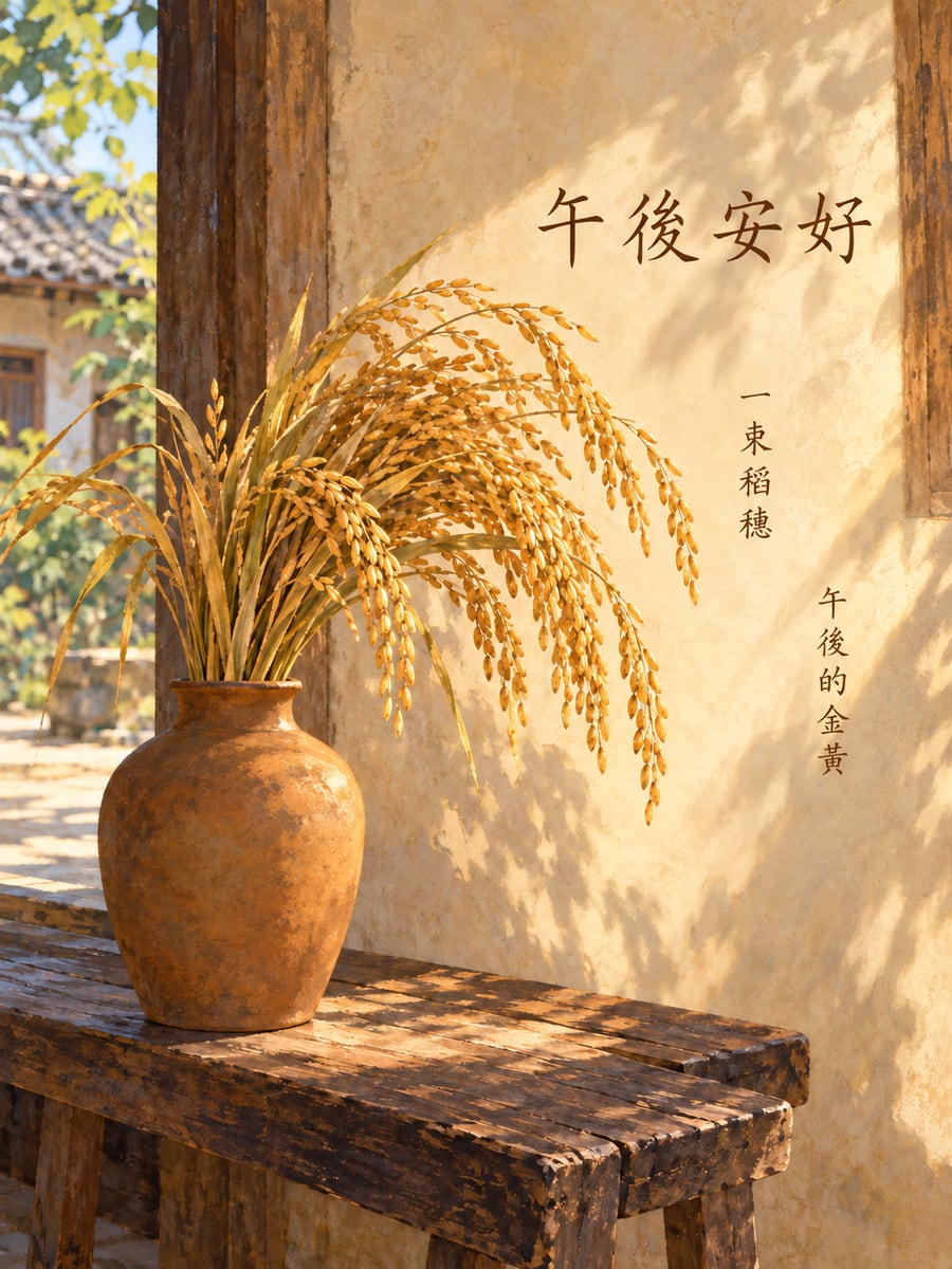 陶瓶裡的稻穗。圖中文字：午後安好，一束稻穗，午後的金黃