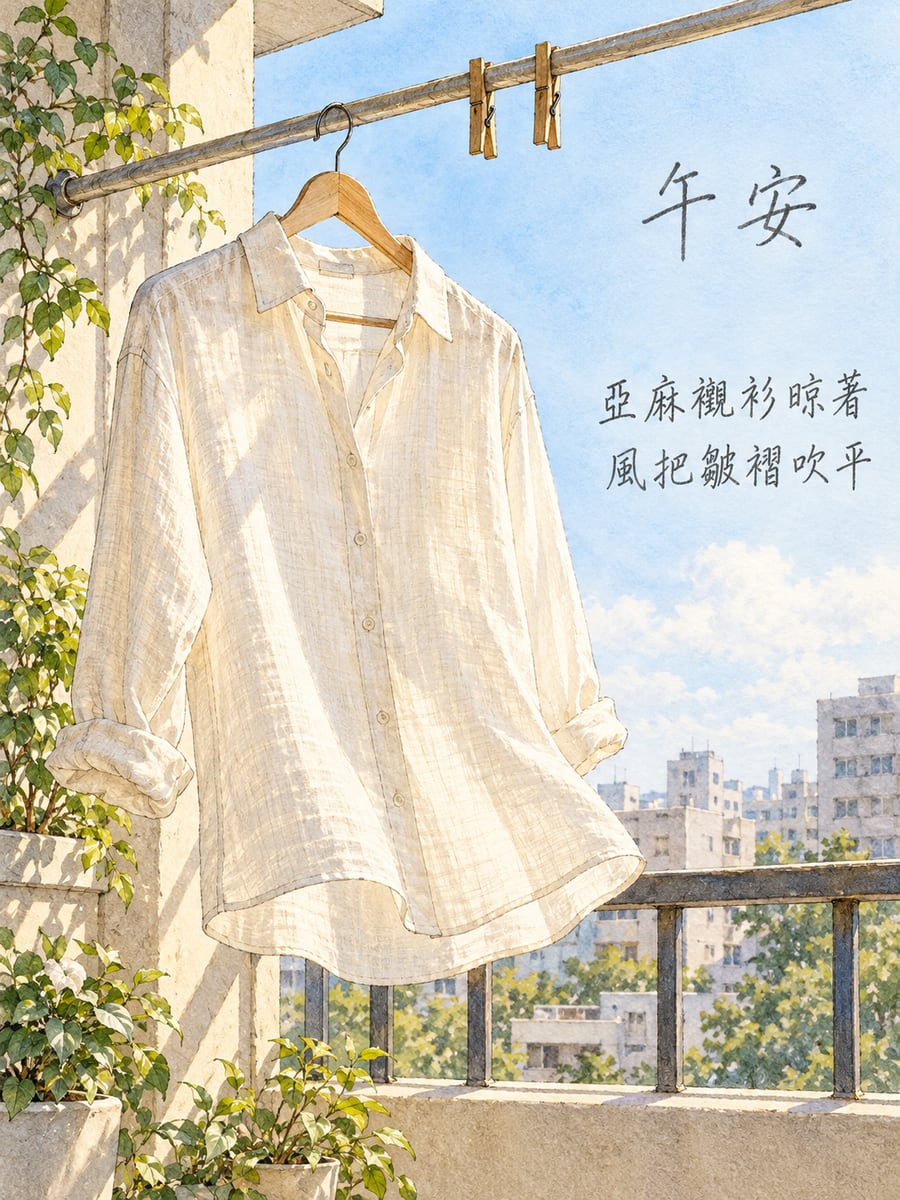 晾著的亞麻襯衫。圖中文字：午安，亞麻襯衫晾著，風把皺褶吹平