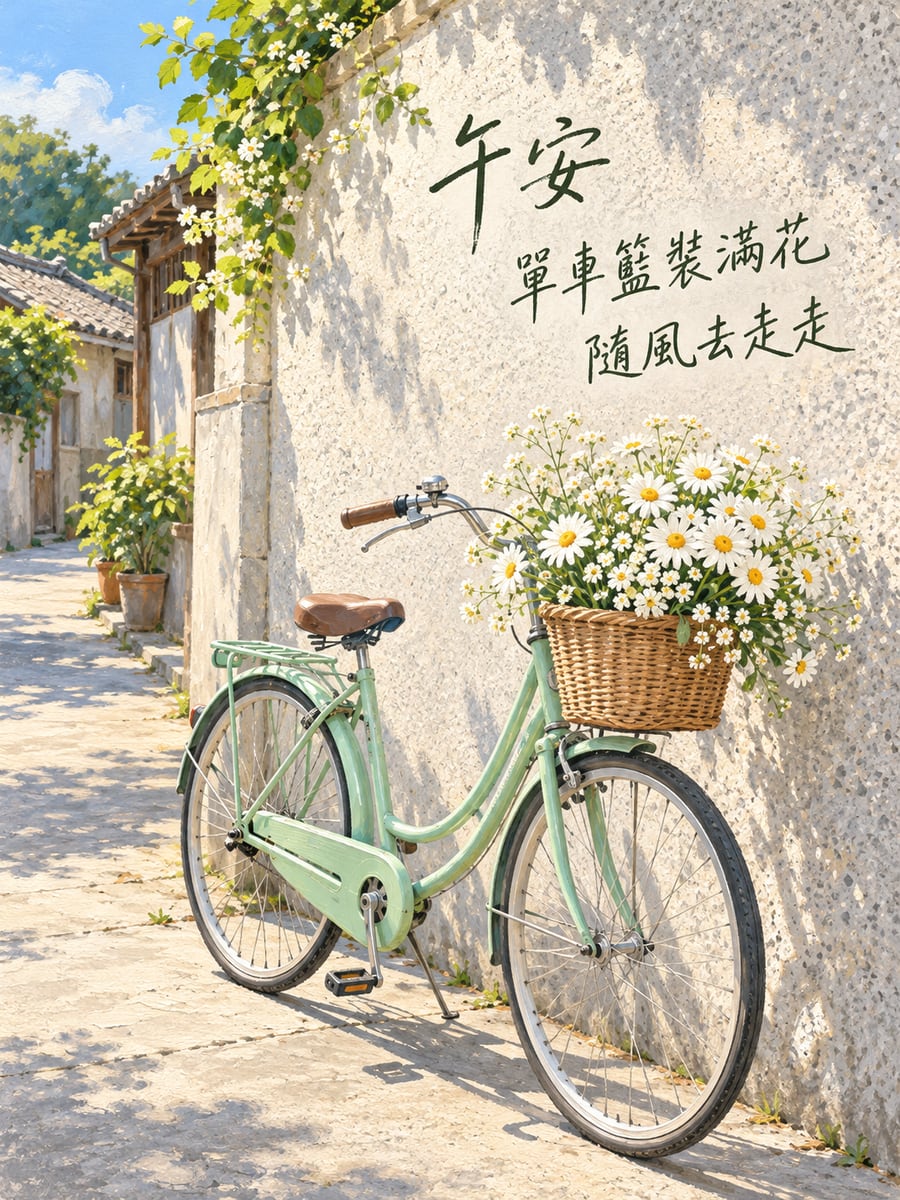 車籃裡的花。圖中文字：午安，單車籃裝滿花，隨風去走走
