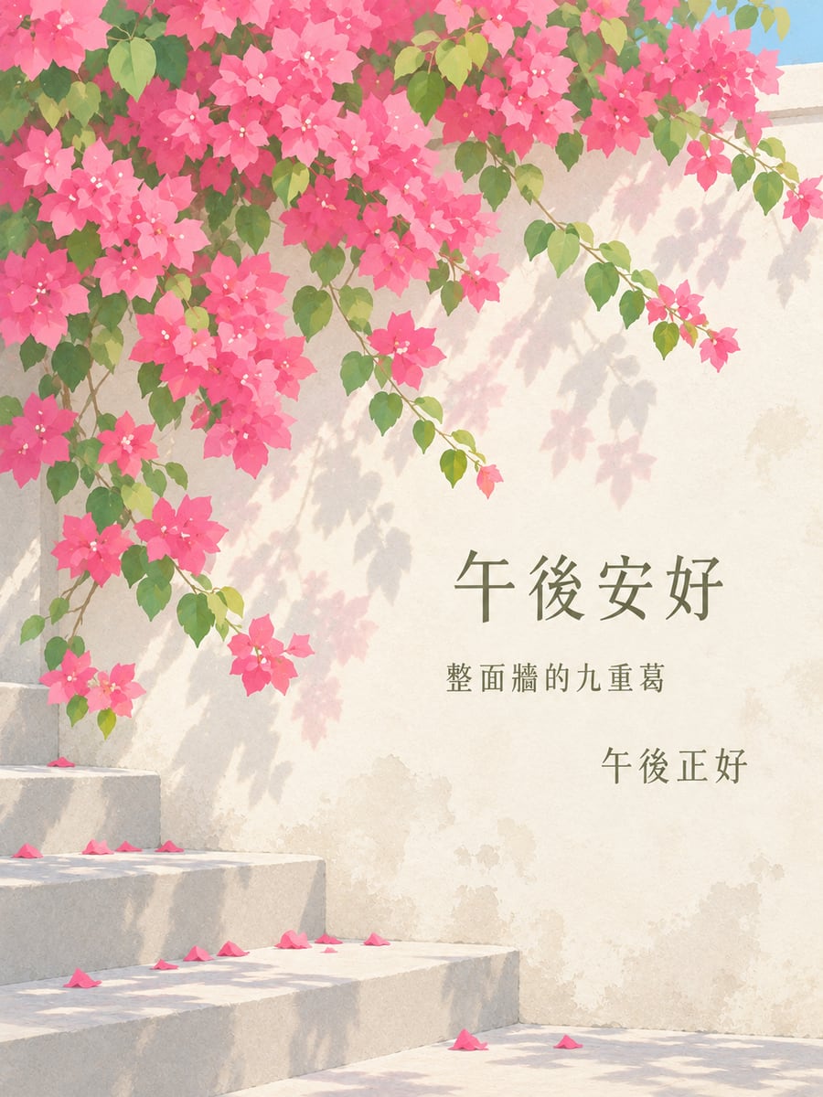 開滿牆的九重葛。圖中文字：午後安好，整面牆的九重葛，午後正好