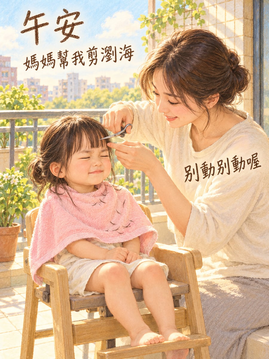 媽媽剪瀏海。圖中文字：午安，媽媽幫我剪瀏海，別動別動喔