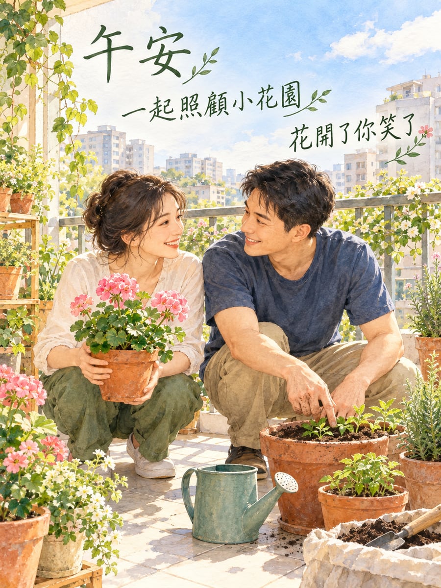 一起照顧小花園。圖中文字：午安，一起照顧小花園，花開了你笑了