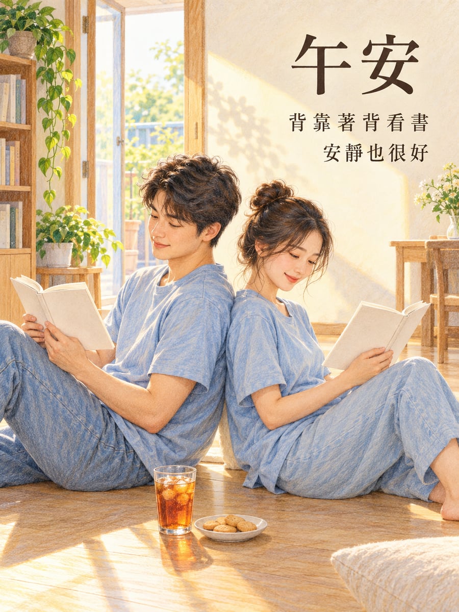 背靠背看書。圖中文字：午安，背靠著背看書，安靜也很好