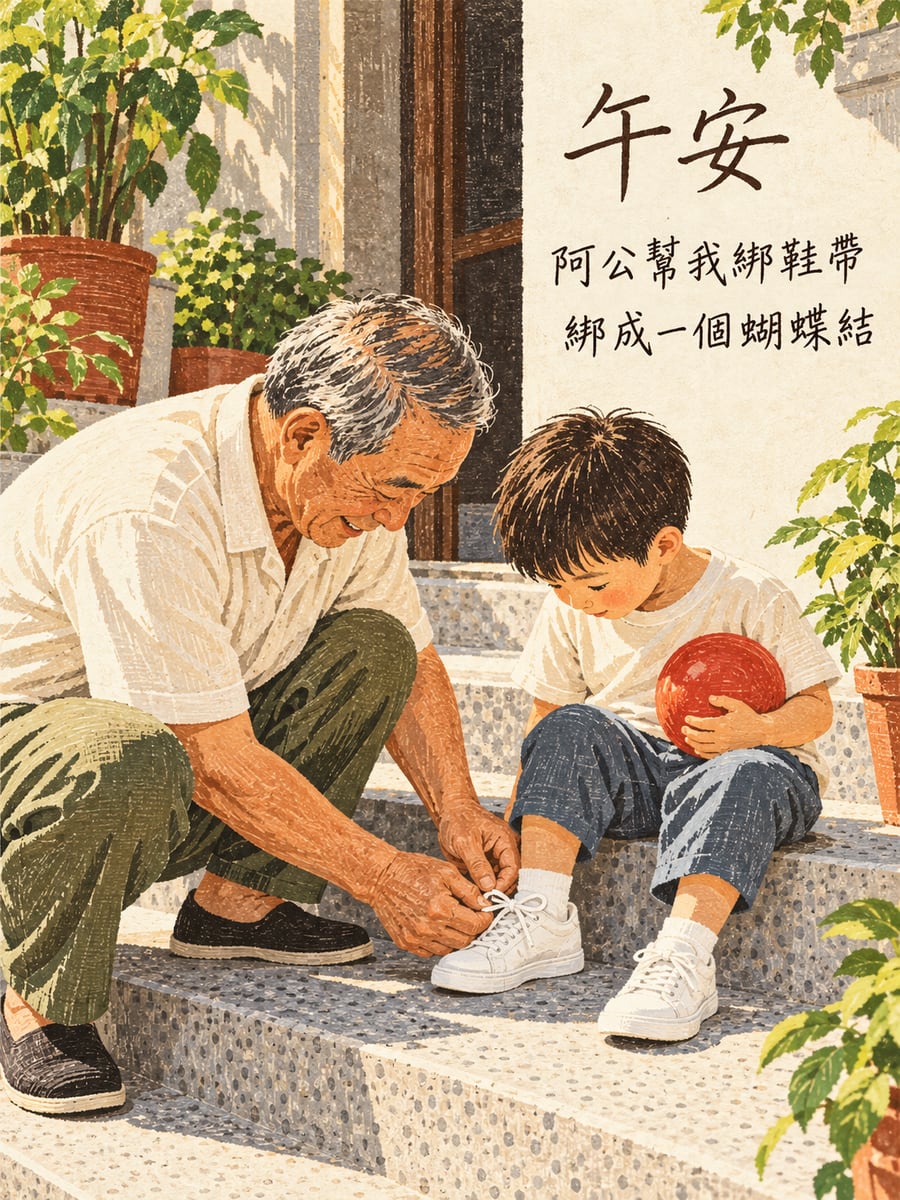 阿公綁鞋帶。圖中文字：午安，阿公幫我綁鞋帶，綁成一個蝴蝶結