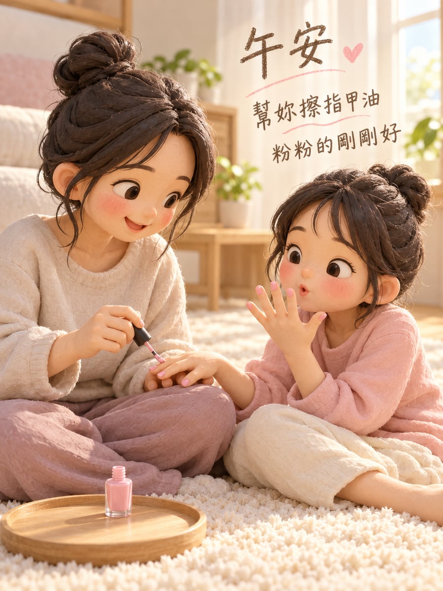 姊妹擦指甲油。圖中文字：午安，幫妳擦指甲油，粉粉的剛剛好