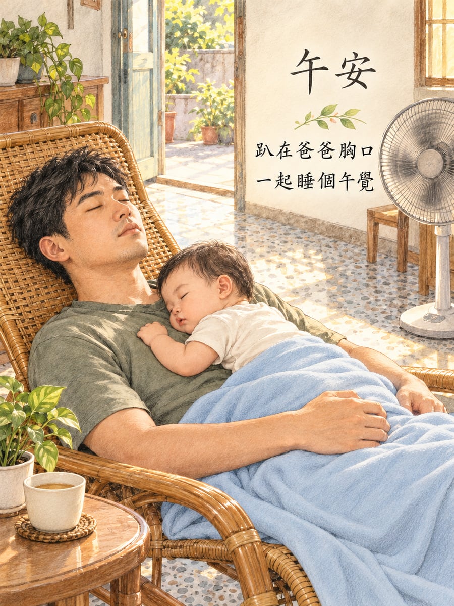 趴在爸爸胸口午睡。圖中文字：午安，趴在爸爸胸口，一起睡個午覺
